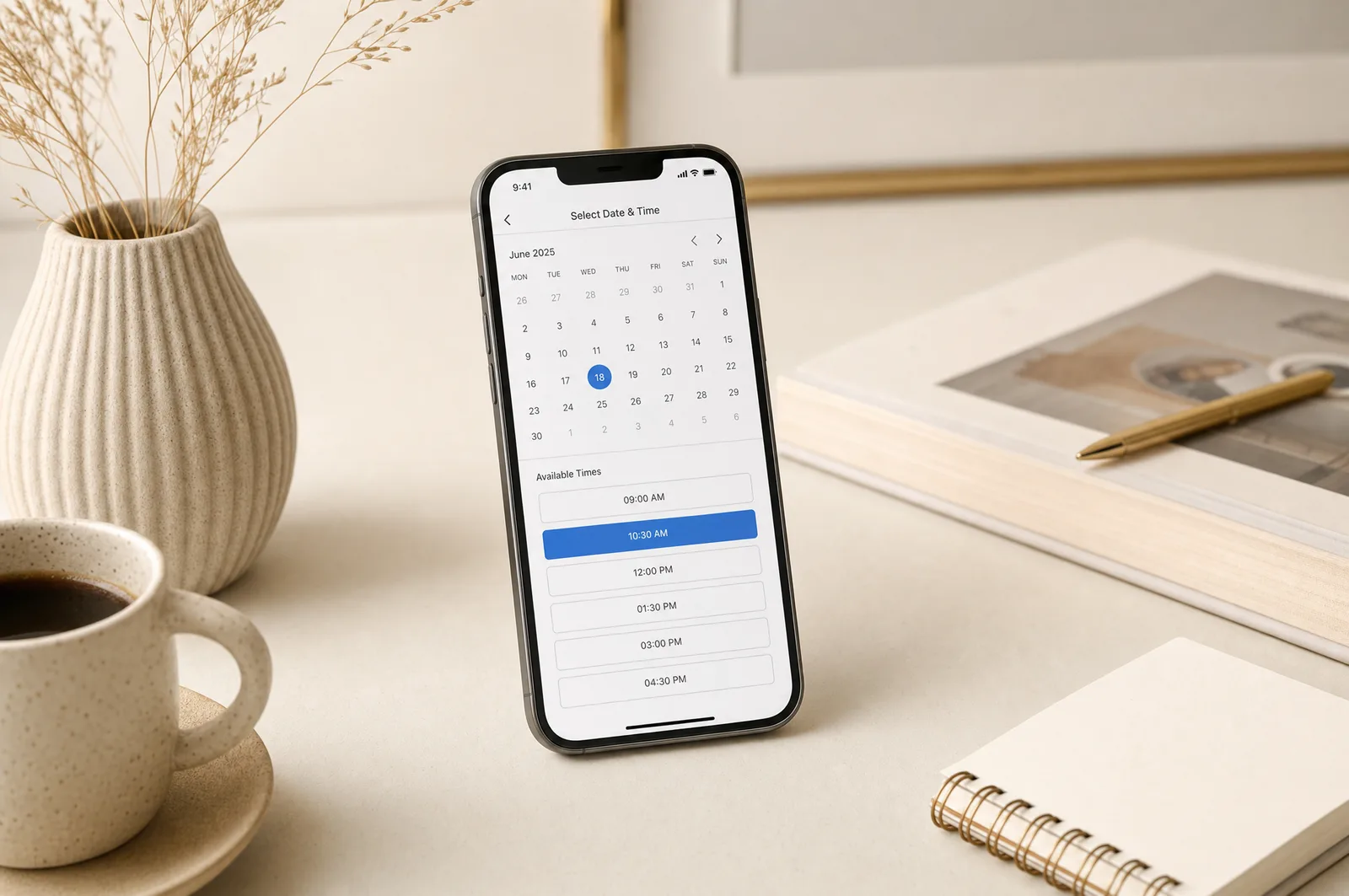 Smartphone showing a calendar booking interface on a clean desk