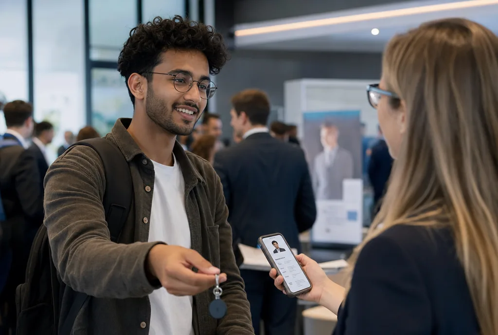 Professional at a careers fair sharing CV via NFC keychain