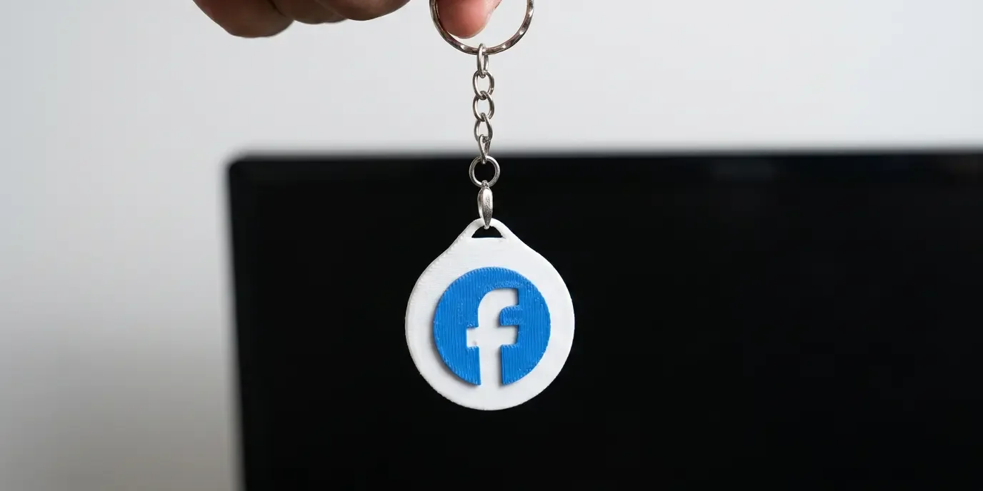 White 3D-printed Tapora keychain with a blue Facebook logo printed into the body