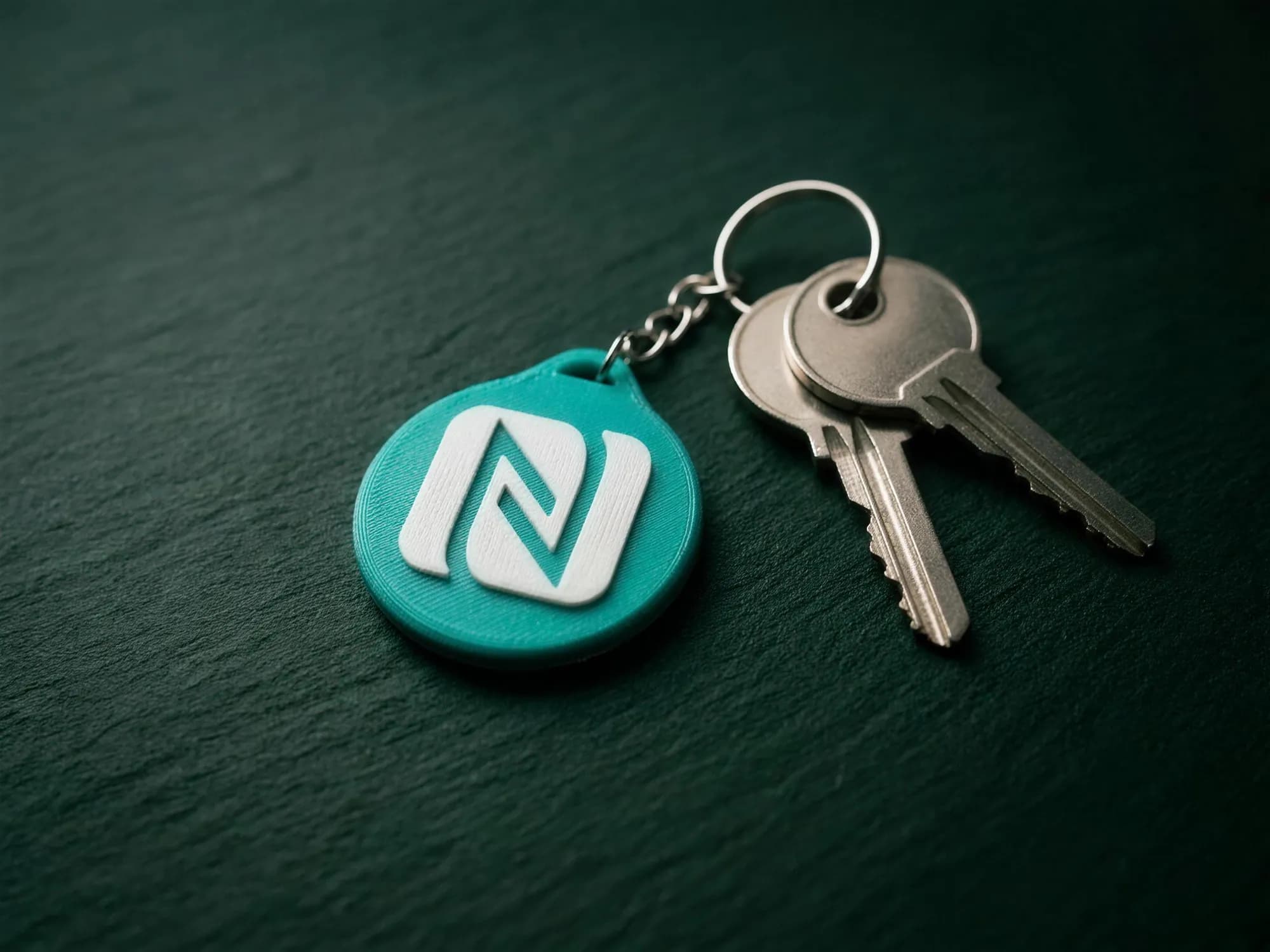 Turquoise 3D-printed Tapora NFC keychain on a key ring with house keys