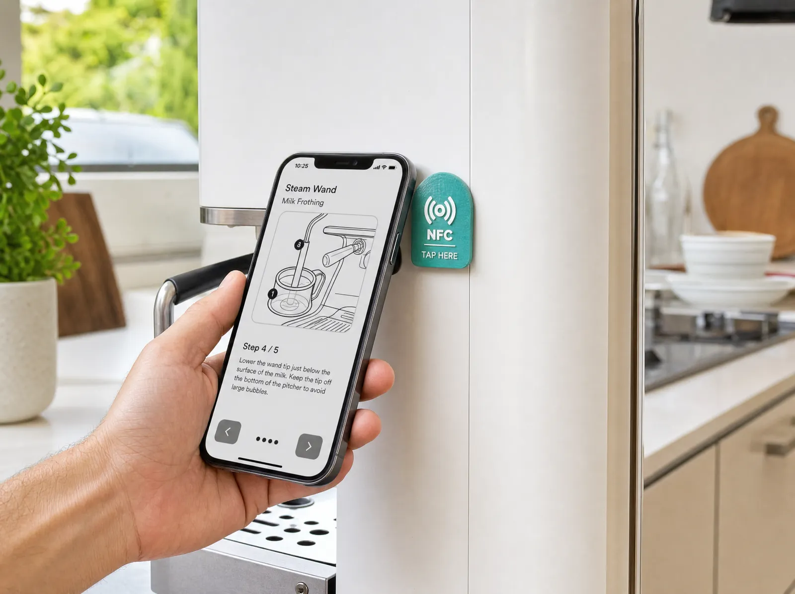 Person tapping phone to a Tapora NFC badge on a coffee machine — phone shows appliance instruction guide