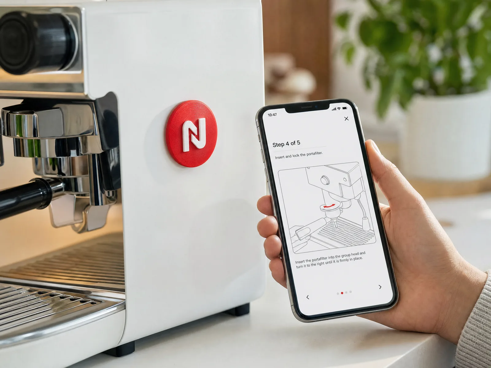 Person tapping phone to a Tapora NFC badge on a coffee machine — phone shows appliance instruction guide