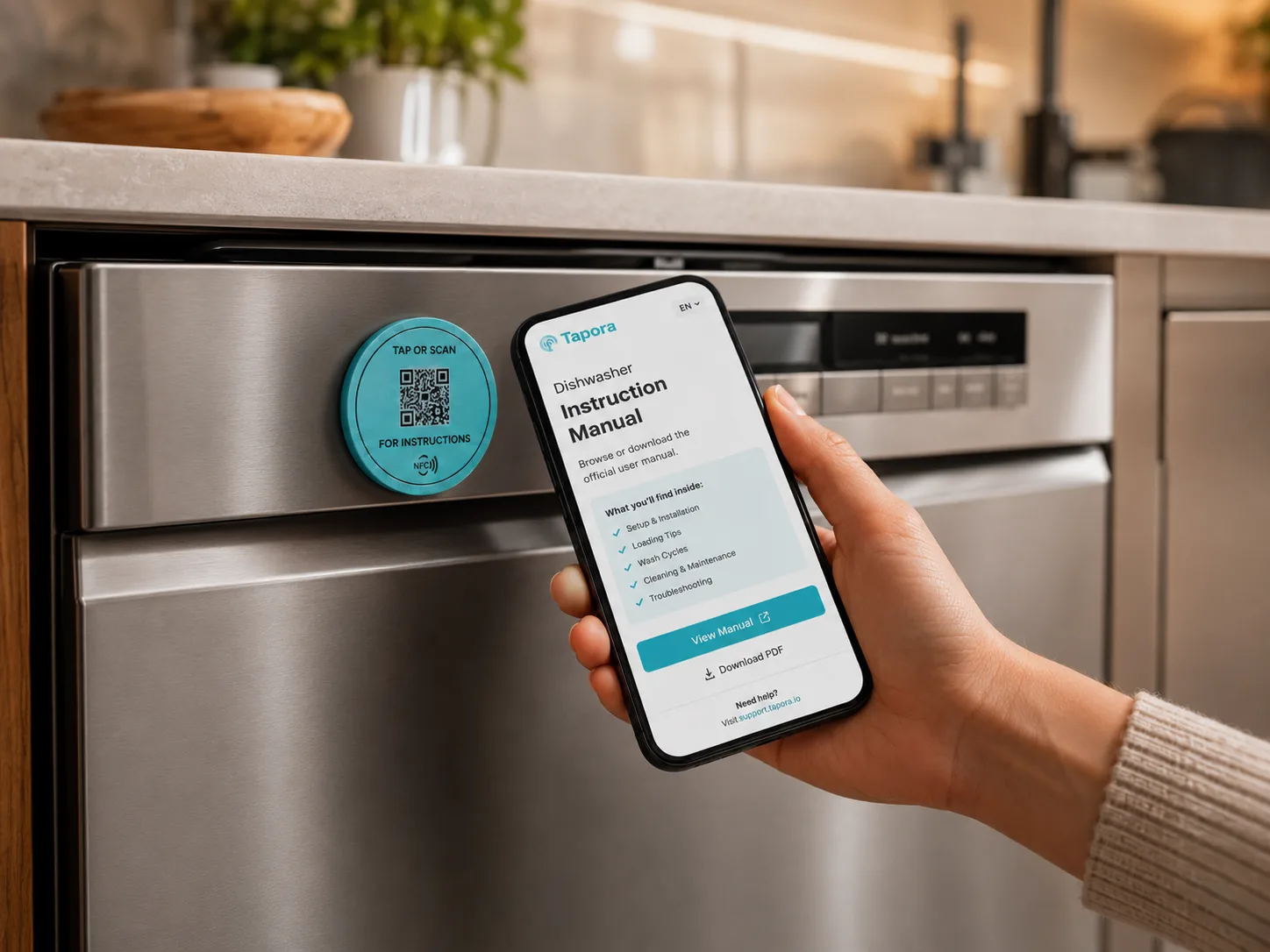 Tapora NFC badge on a dishwasher - tap for the full digital manual and error code guide