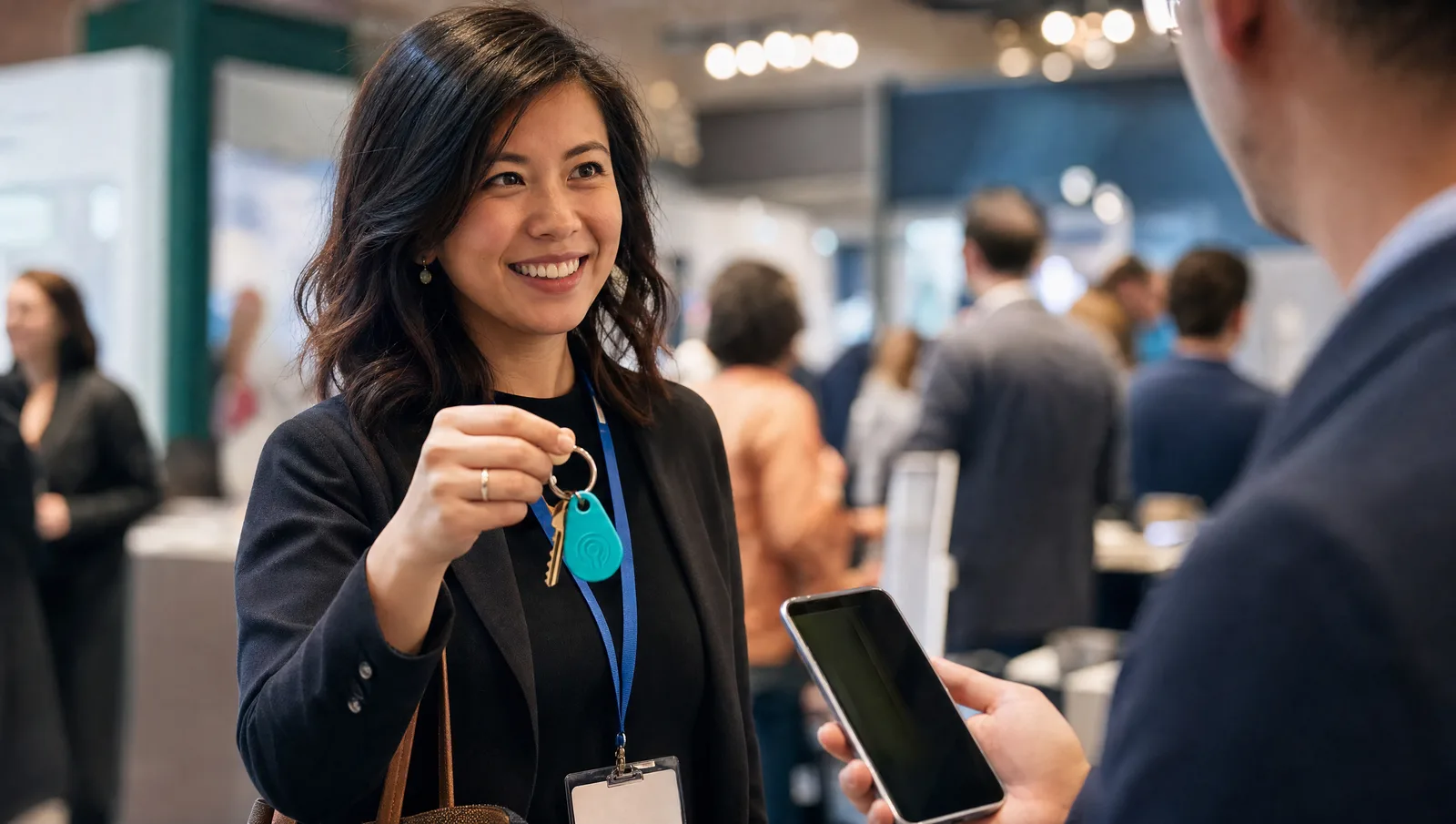 Professional tapping NFC keychain at a conference or trade show