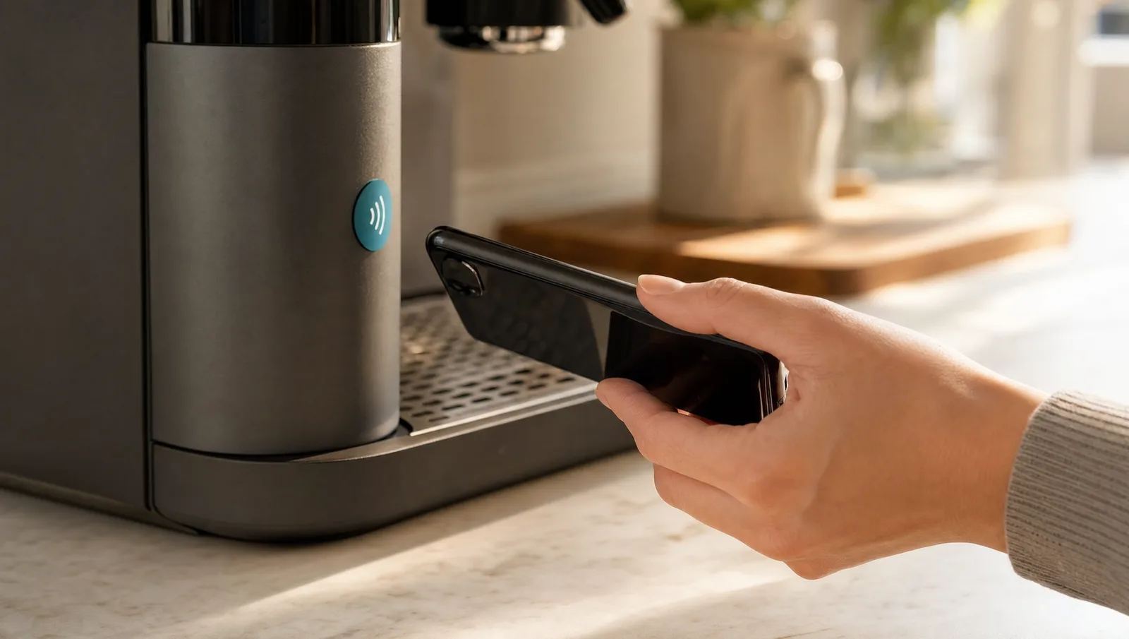 NFC badge on a coffee machine opening its manual