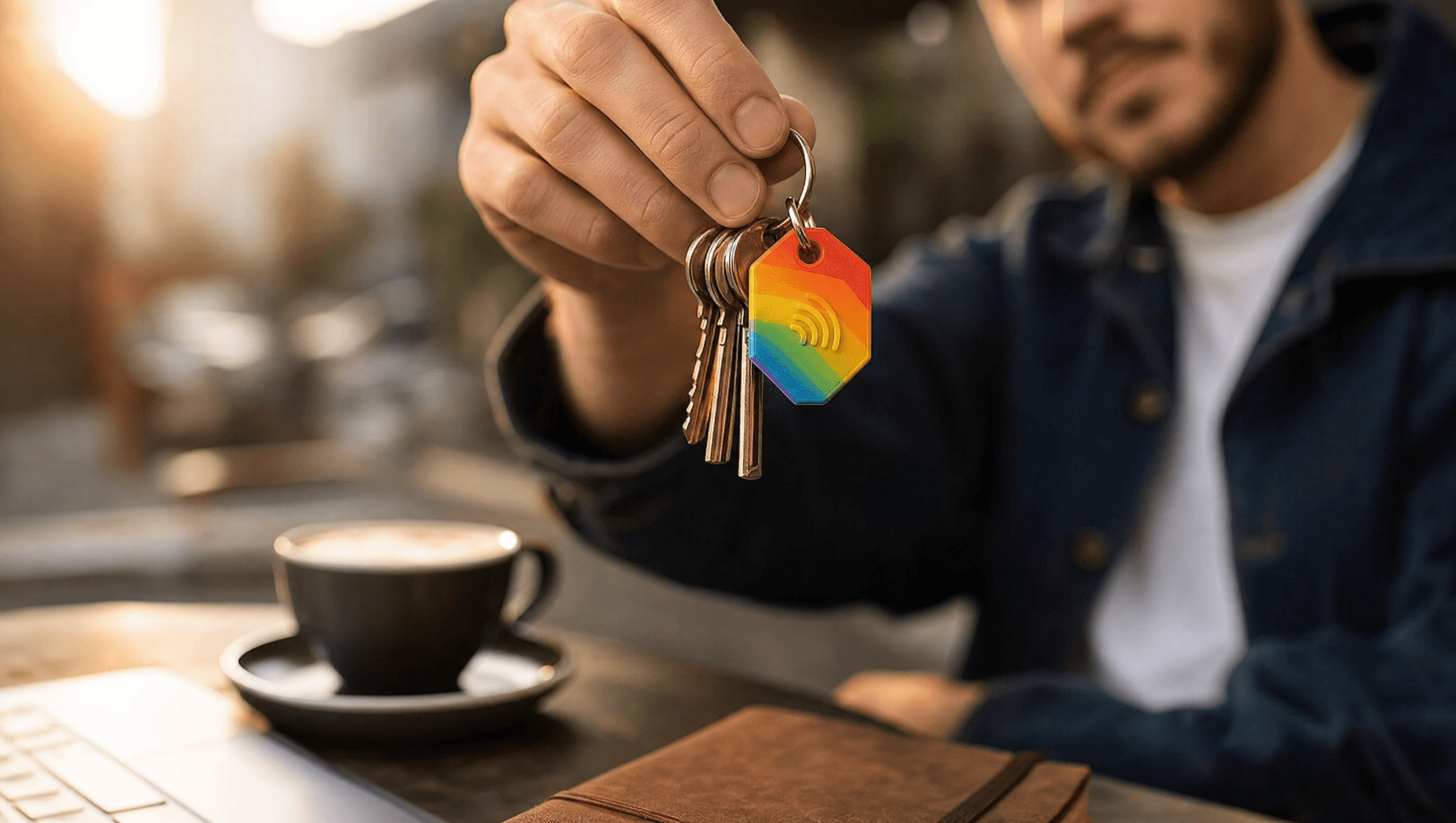 Creative professional holding NFC keychain