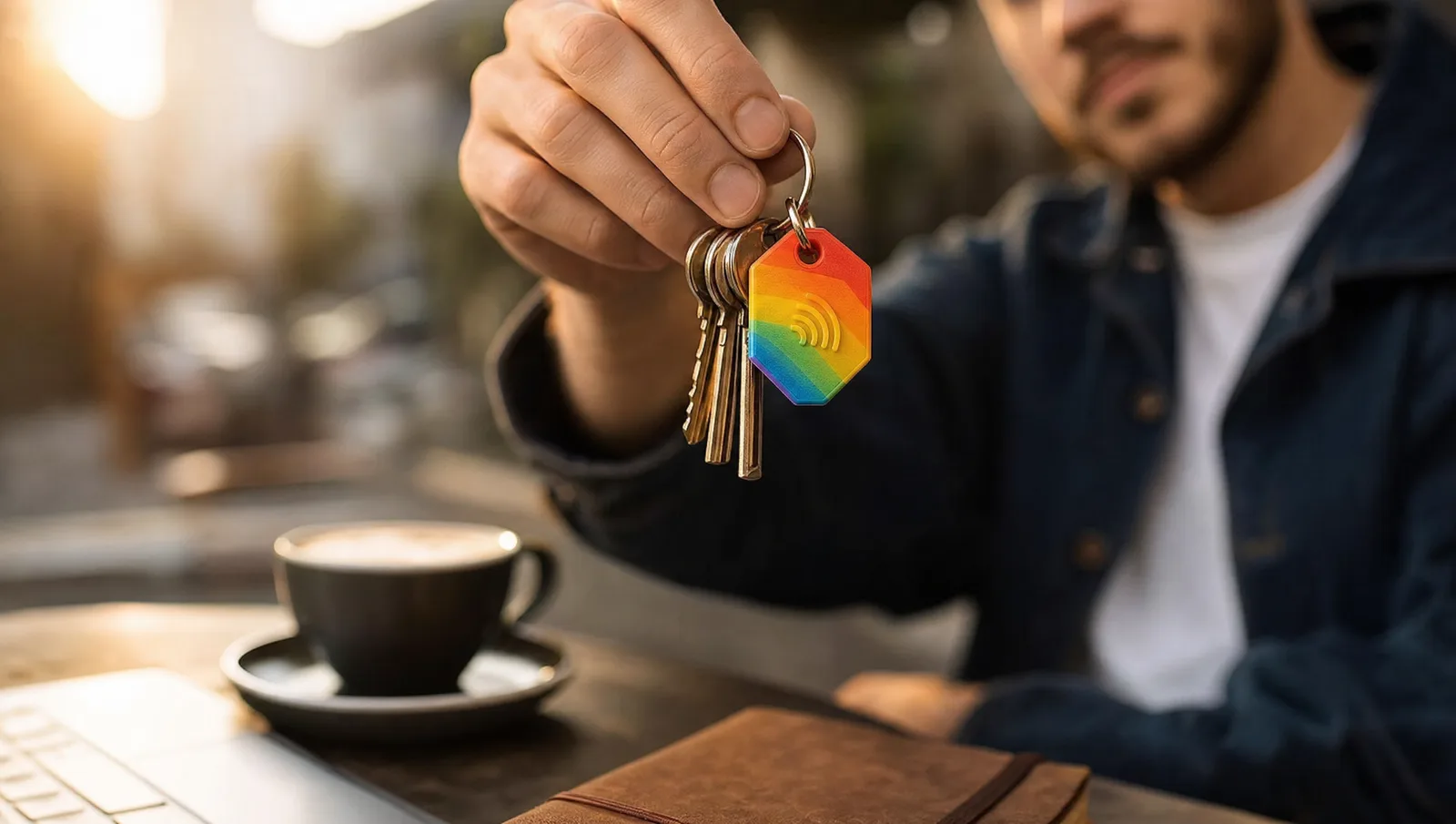 Creative professional holding NFC keychain