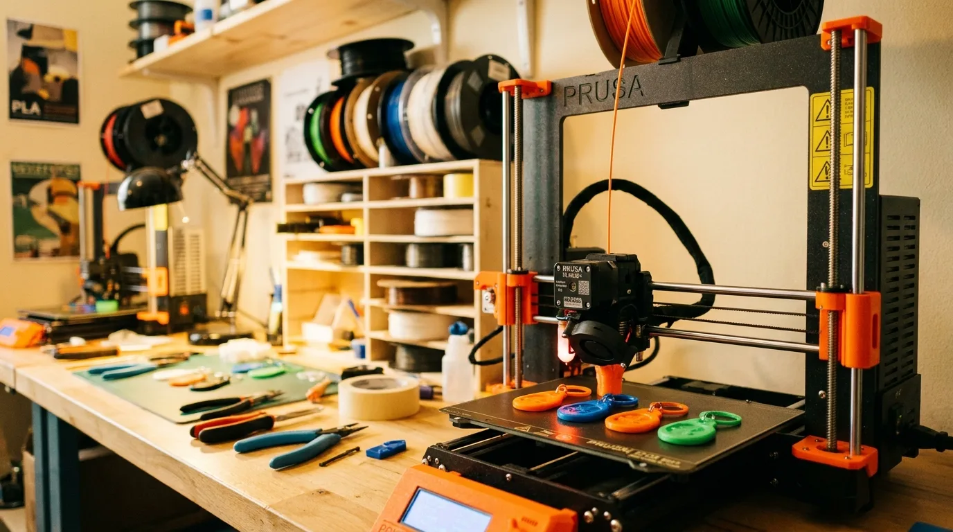 FDM 3D printer in a workshop printing Tapora keychain tags