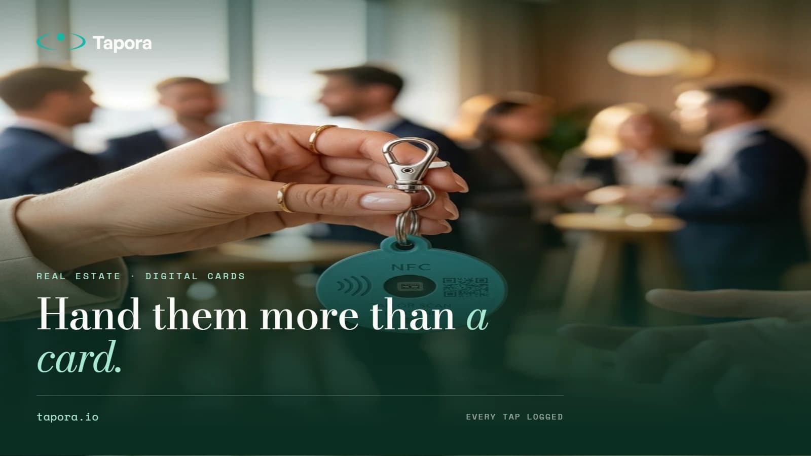 Hero — agent handing keychain to client — Professional shot of a well-dressed agent passing a Tapora keychain to a client across a desk. Subtle staging, brand palette in props.