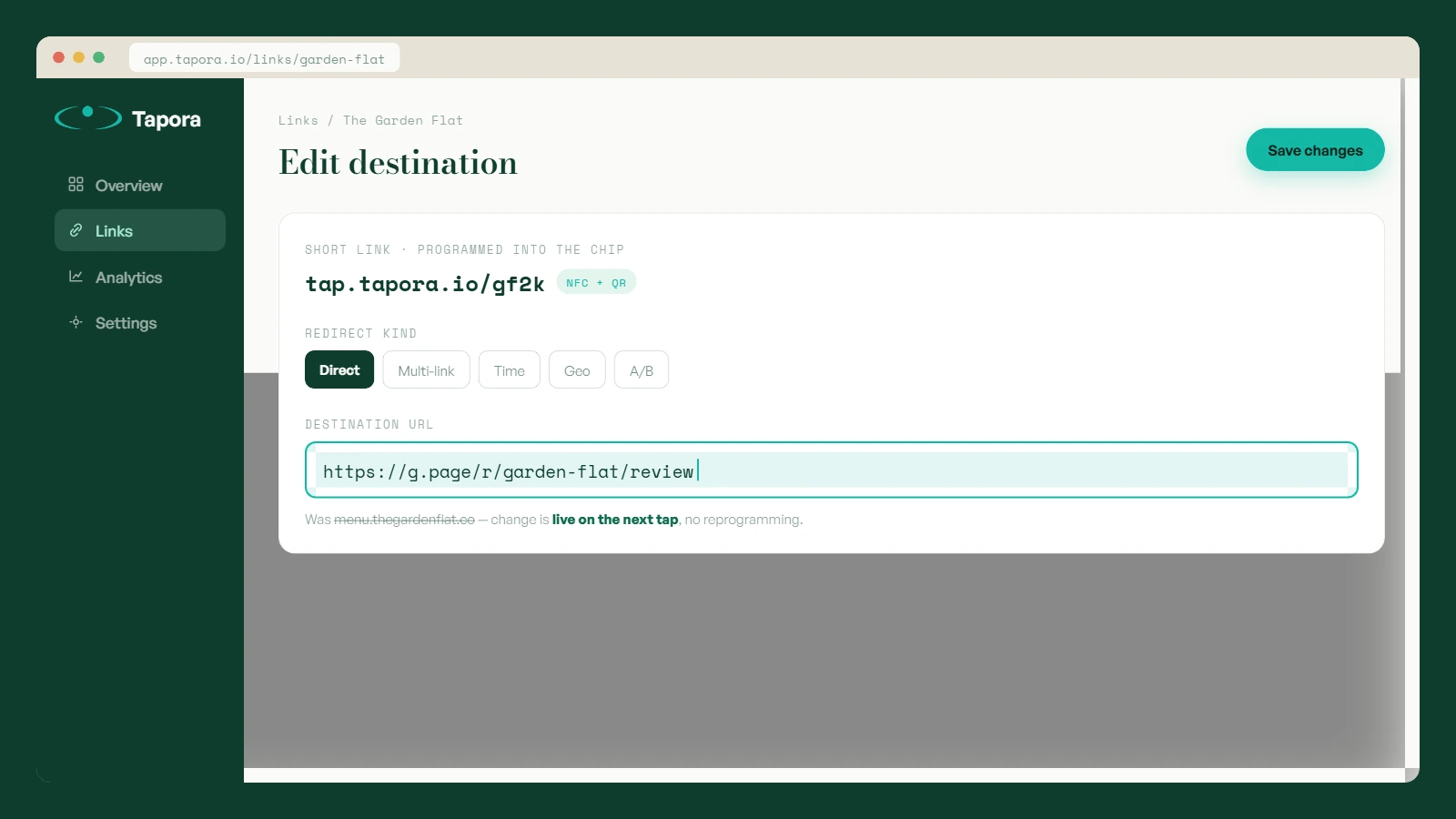 Hero — dashboard editing redirect destination — Realistic screenshot of the Tapora dashboard mid-edit, with a redirect destination being changed. Browser frame visible.