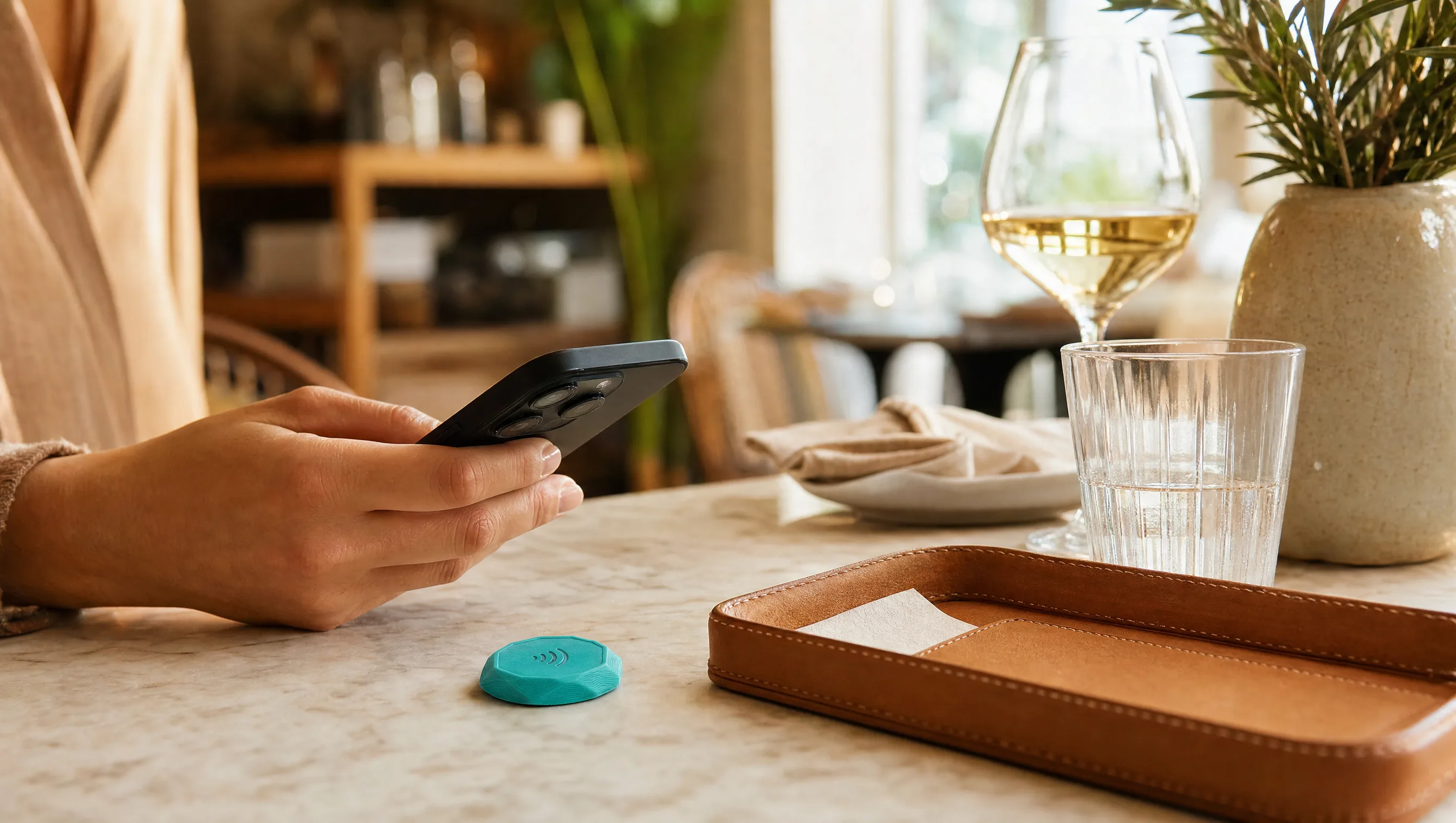 Diner tapping their phone on a Tapora review badge on a restaurant table